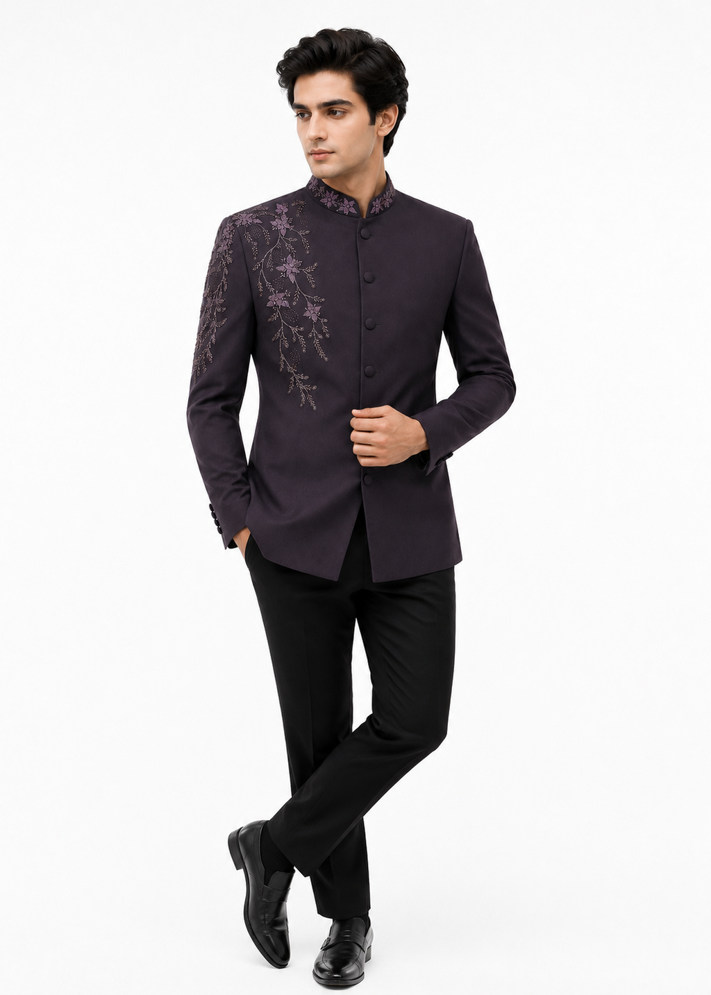 Wedding Purple Embroidered Floral Bandhgala Suit