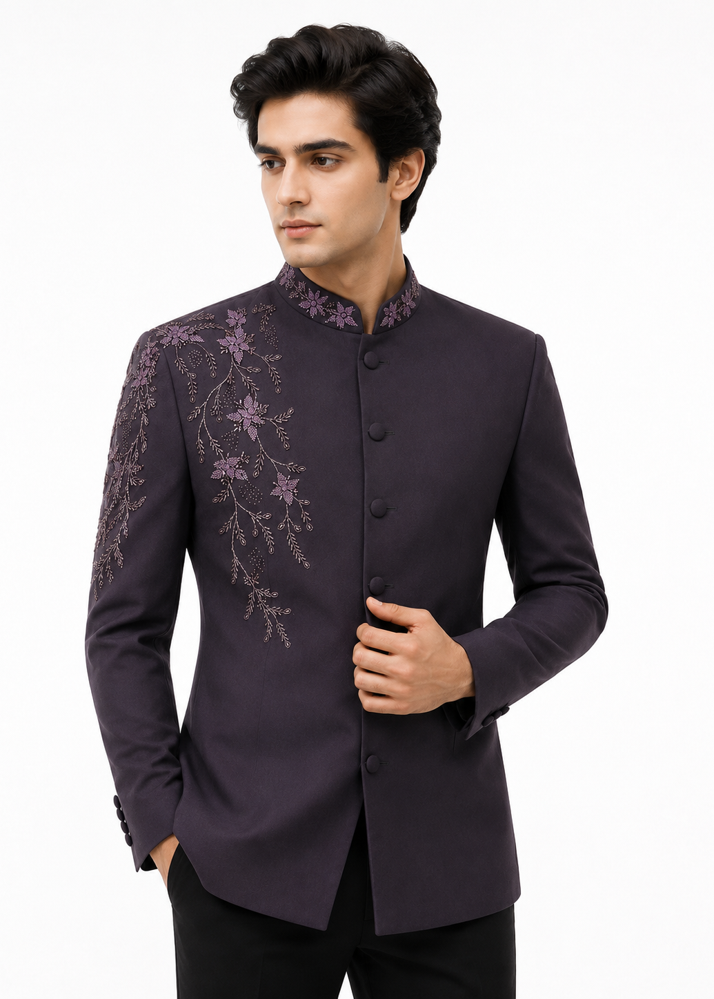 Wedding Purple Embroidered Floral Bandhgala Suit