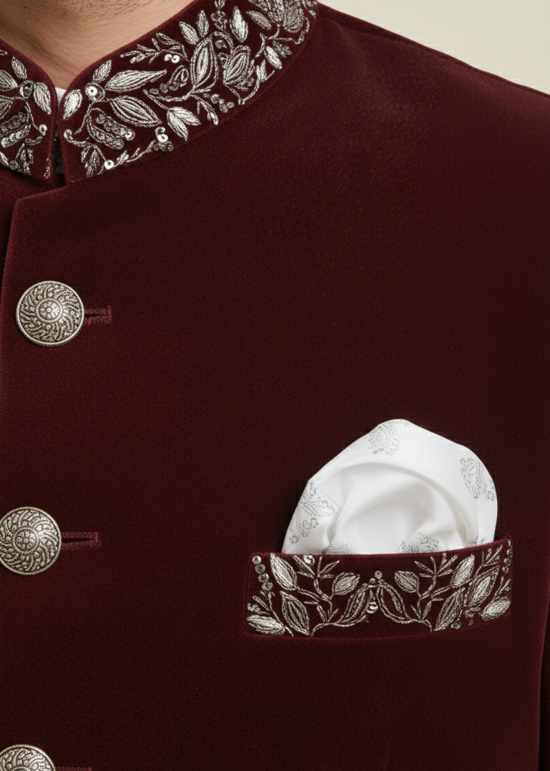 Maroon Velvet Zardozi Embroidered Bandhgala