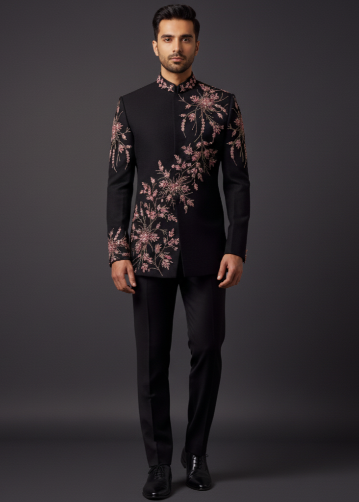 Slim Fit Black Bandhagla with Pink Embroiderey