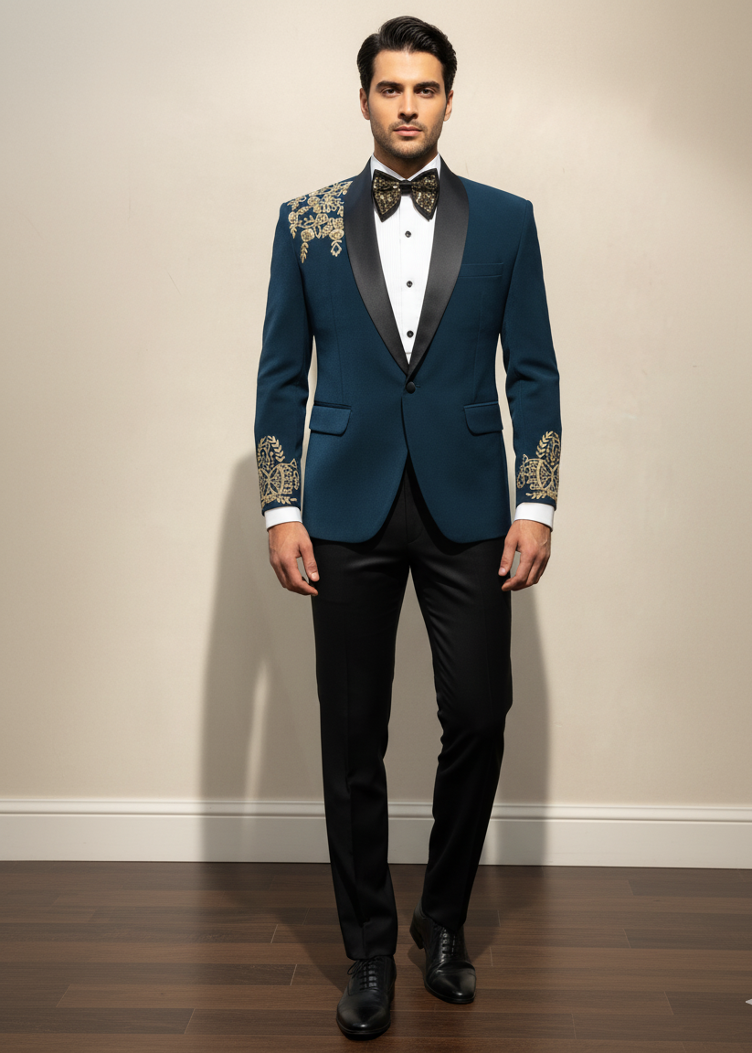 Teal Blue Gold Zari Embroidered Tuxedo