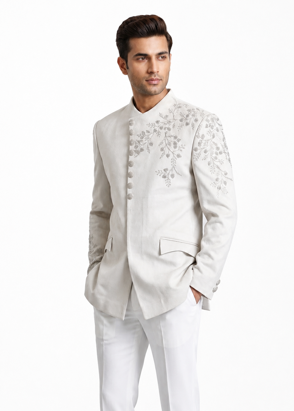 White Embellished Velvet Bandhgala