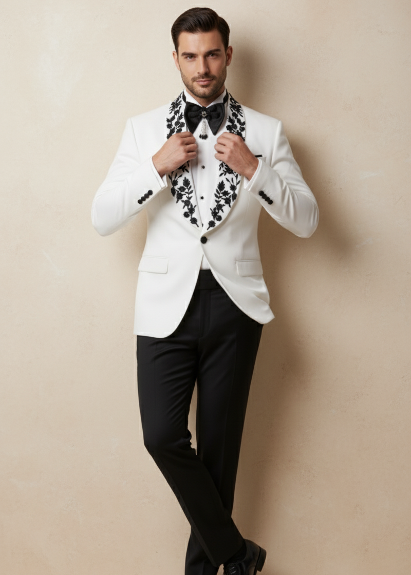 White Shawl Lapel Embroidered Tuxedo in Cutdana