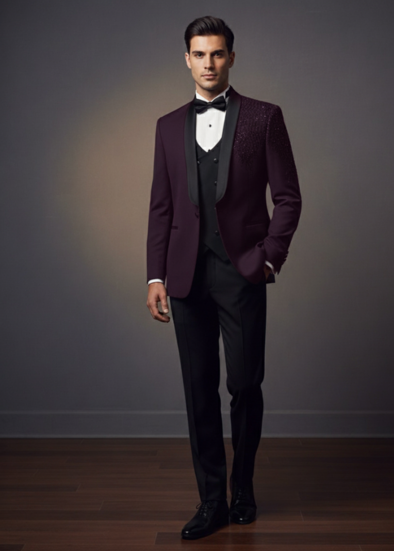 Burgundy Cutdana Embroidered Tuxedo